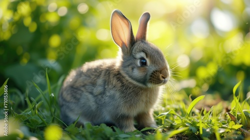 Curious bunny amidst spring flowers and fresh greenery