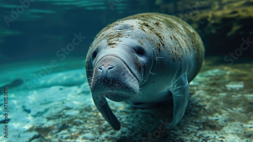Close-up of a manatee underwater with clear visibility