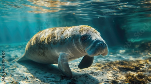Manatee resting at the sea bottom with clear water