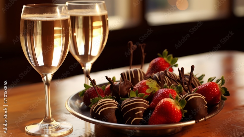 A glass of sparkling wine and chocolate-covered strawberries. Concept: Romantic appetizer for a date. Fruits covered with cocoa and multi-colored glaze.
