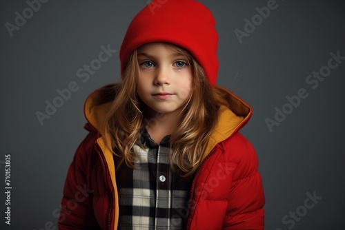 Portrait of a cute little girl in a red hat and a warm jacket.