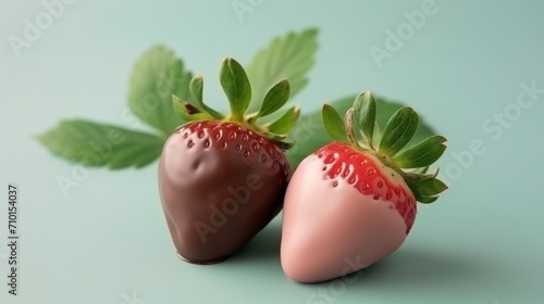 Fresh strawberries covered in chocolate Concept: Romantic snack for a date. Fruits covered with cocoa and multi-colored glaze.
