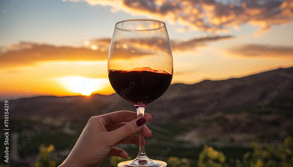 Women holding wineglass, enjoying sunset in vineyard, generated by AI
