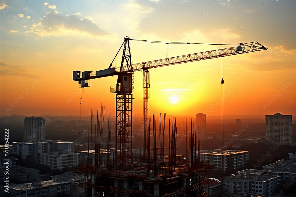 Large construction site at sunset in close-up with silhouetted workers and machinery