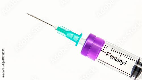 A purple syringe with the word Fentanyl