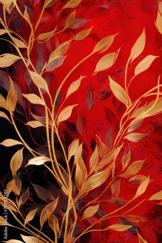 Abstract botanical background with tree branches and leaves in line art. Crimson and golden leaf  brush  line  splash of paint