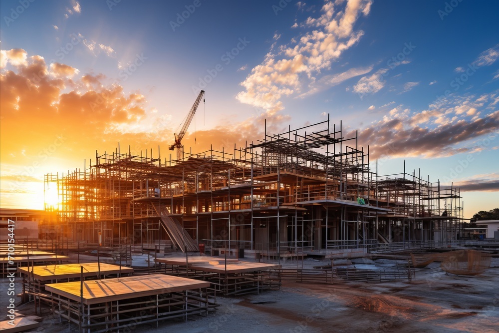 Close-up view of a large construction site at sunset with the setting sun behind