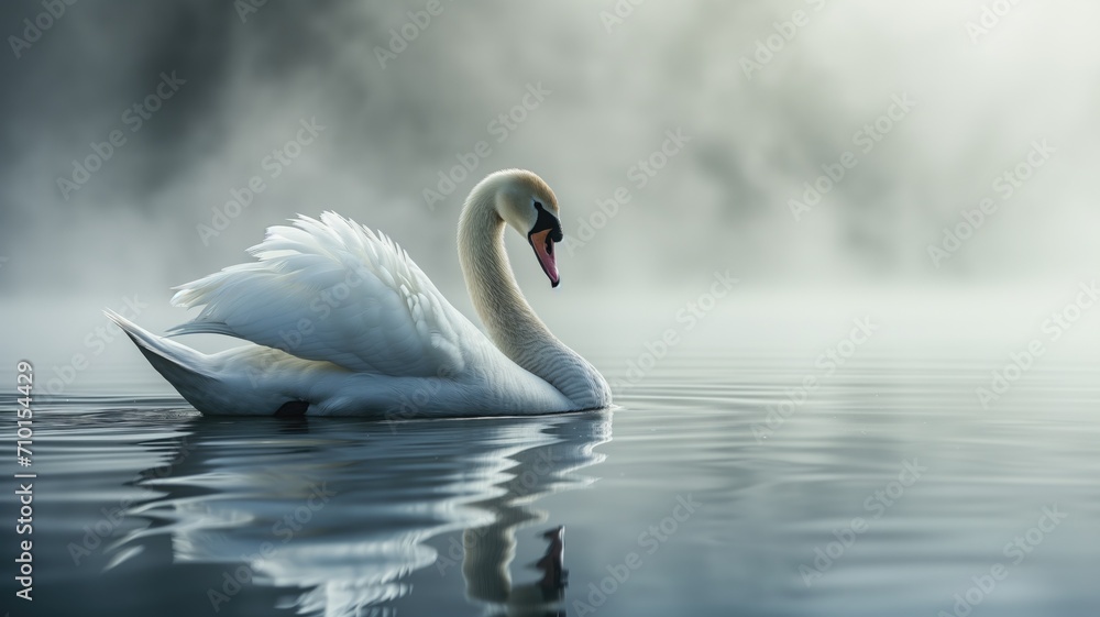 Fototapeta premium Swan floating peacefully on a serene misty lake