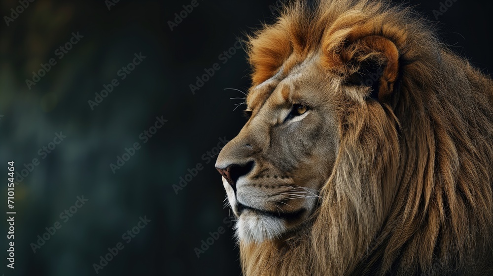 Fototapeta premium Majestic lion with a steady gaze, profiled against a dark background