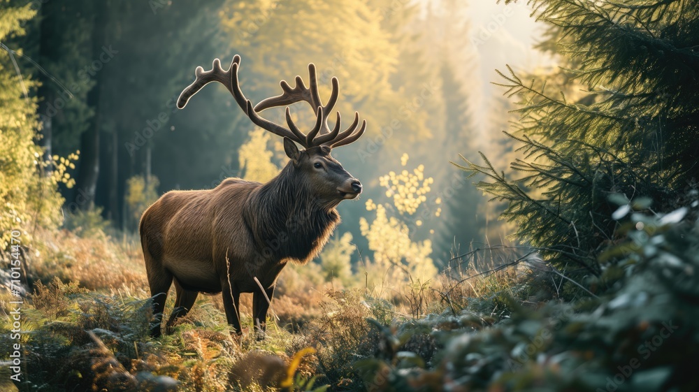 Obraz premium Majestic stag standing in a forest clearing, bathed in golden light