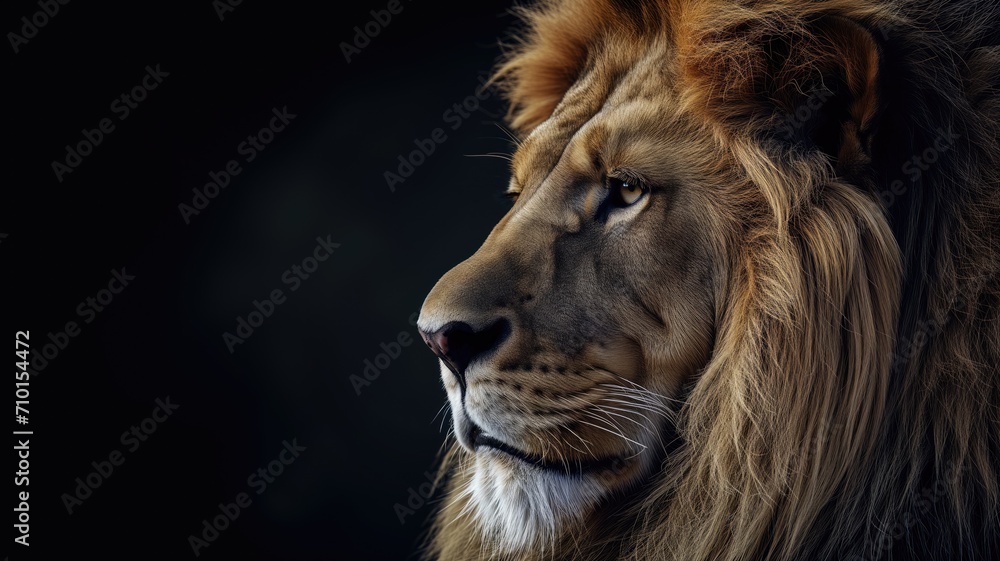 Naklejka premium Majestic lion profile with a dark, moody background