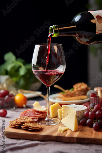 Gourmet meal with wine, bread, and cheese, generated by AI