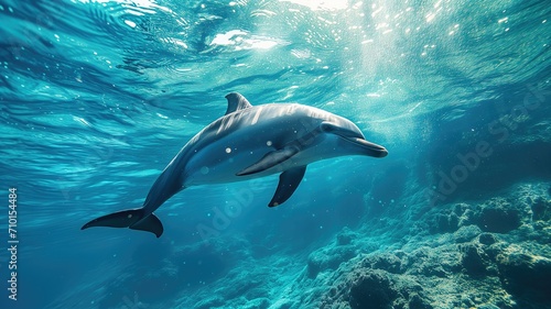 Dolphin swimming gracefully under the sea with light rays filtering through