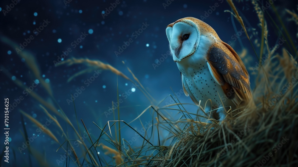 Fototapeta premium Barn owl in a field under a magical night sky