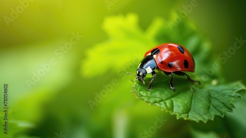 Ladybug on a bright green leaf, sharp and vivid