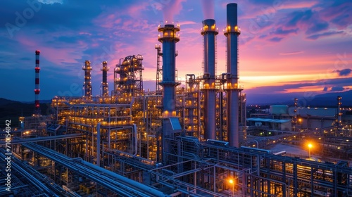 Gas turbine electrical power plant factory in dramatic twilight sunset. 