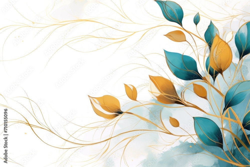 Abstract botanical background with tree branches and leaves in line art. Blue and golden leaf, brush, line, splash of paint