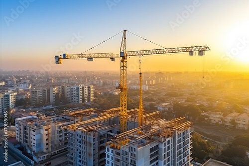 Progressive construction of multi-storey building with cranes on a bright and sunny day