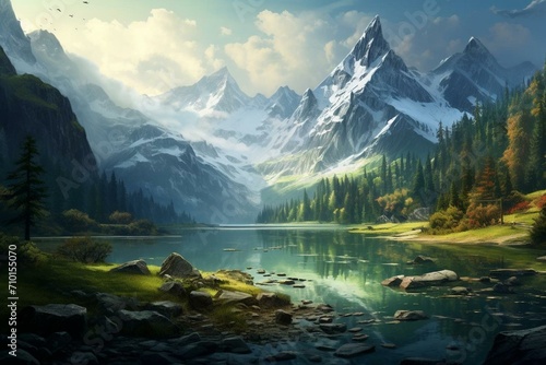 An image depicting a serene lake nestled among mountains. Generative AI © Sofia