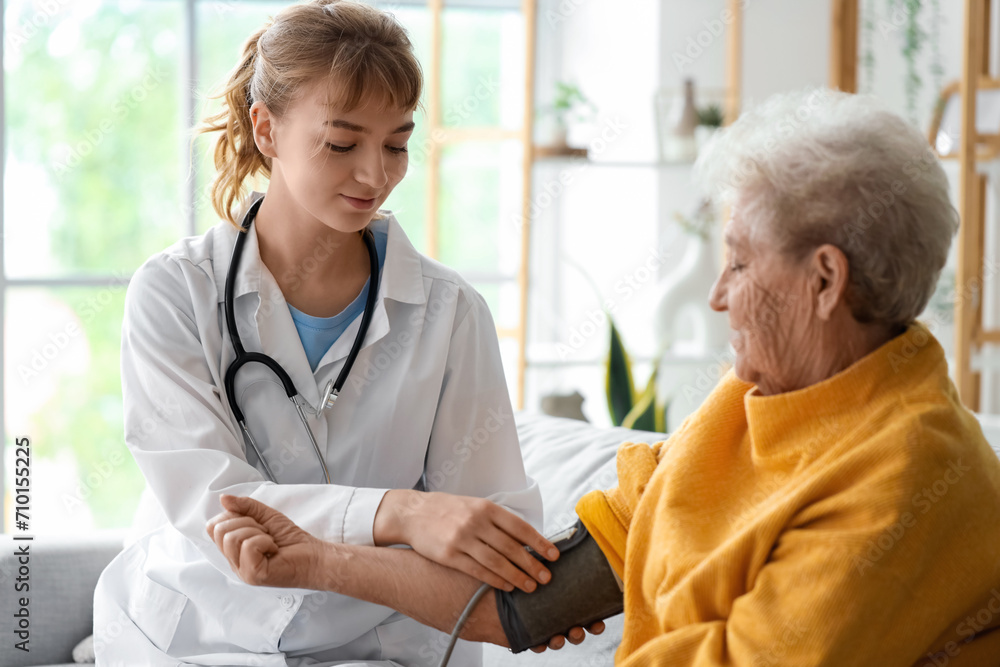 Obraz premium Doctor measuring blood pressure of senior woman at home