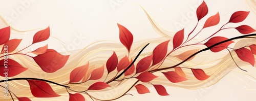 Abstract botanical background with tree branches and leaves in line art. Maroon and golden leaf  brush  line  splash of paint 