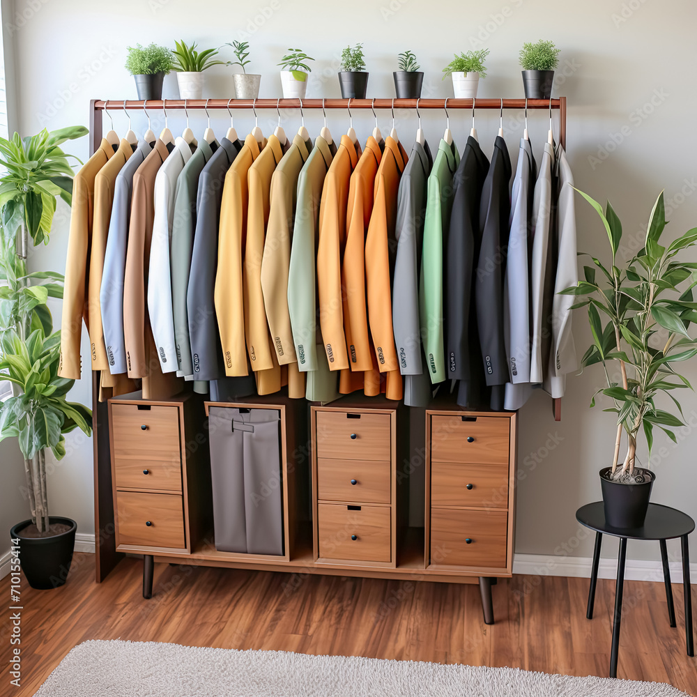 Wardrobe with different clothes on hangers in modern living room interior