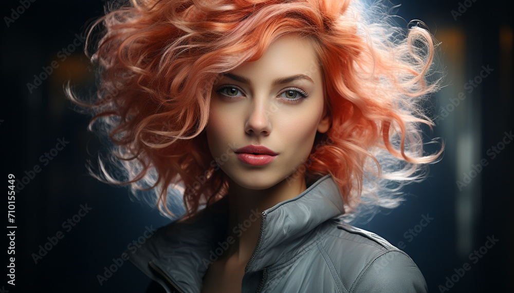 Fototapeta premium Beautiful woman with long blond curly hair smiling generated by AI