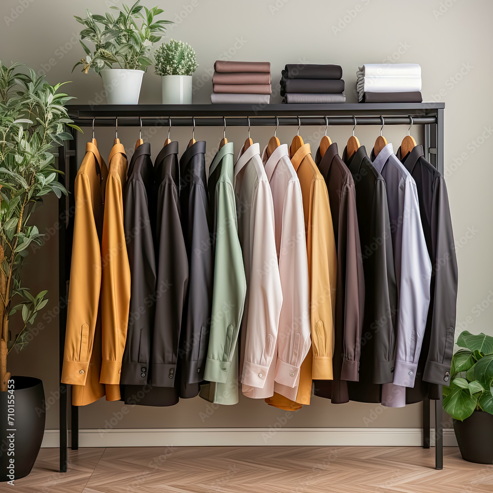 Wardrobe with different clothes on hangers in modern living room interior