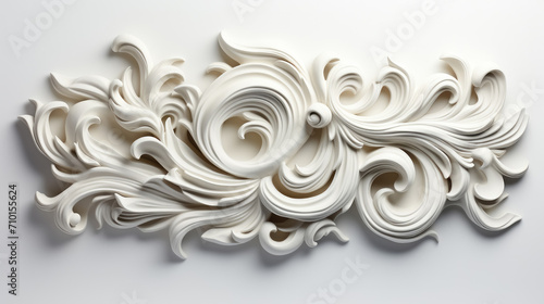 Fototapeta Naklejka Na Ścianę i Meble -  Floral plaster wall decoration. 3d render of white carving on white background. 3d illustration. 