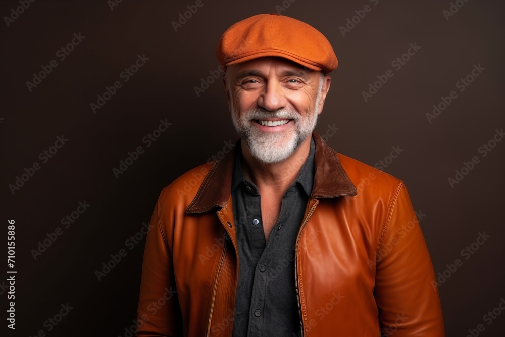 Portrait of a smiling senior man in a leather jacket and cap. Portrait of a smiling senior man in a leather jacket and cap.