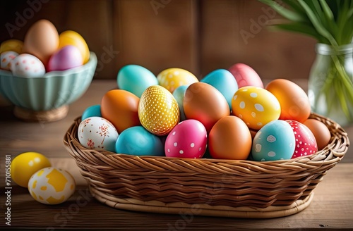 Wicker basket with brightly colored Easter eggs on a wooden table. Holiday Traditions Concept
