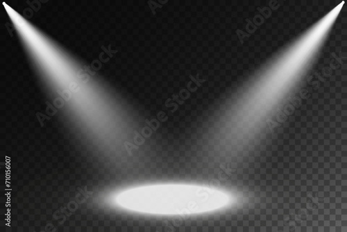 Dark stage on transparent background  neon light from spotlight  empty dark stage and studio room with rays of light.  For product demonstrations.