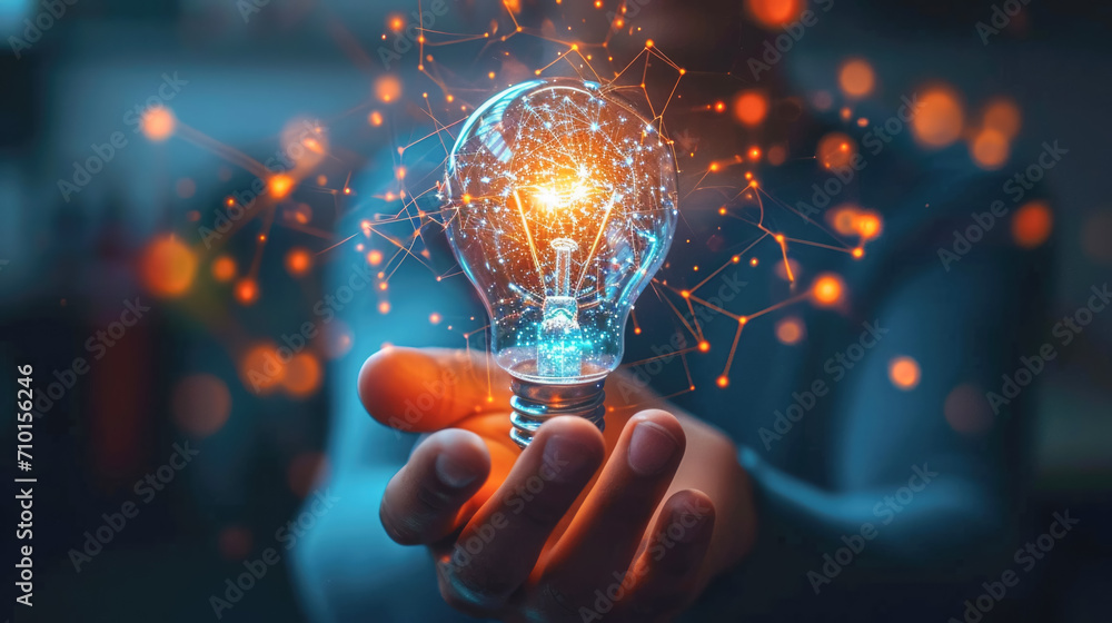 Strategy business planning ideas for investment and business growth. glowing light bulb with futuristic graphic icon.	