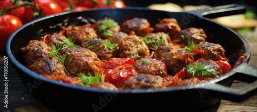 Croatian cevapi, spicy meatballs in a skillet with tomatoes and onions.