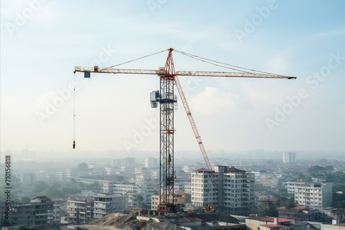Construction crane lifting next to unfinished tall building on construction site