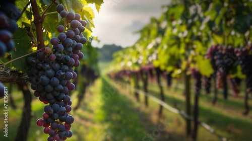 vineyard with bunches of grapes on branches