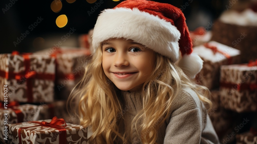 A blonde girl wearing a Santa Claus hat