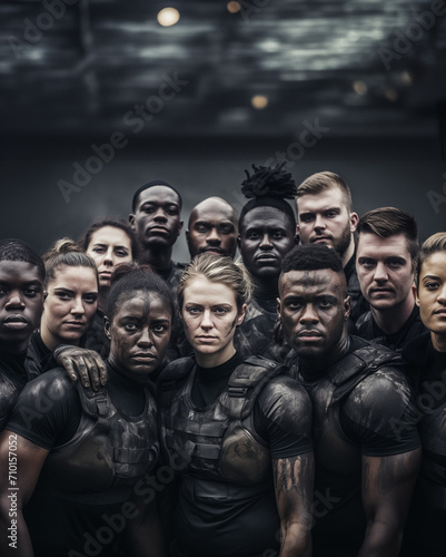 Diverse group of athletic soldiers in training standing together © Jason