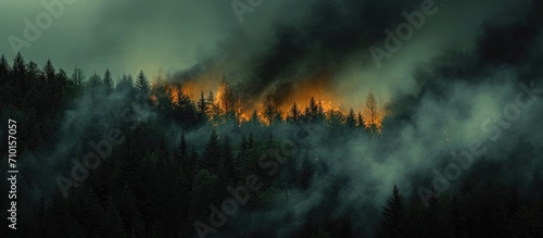 Forest fires during specific season indicated by black smoke graph. photo