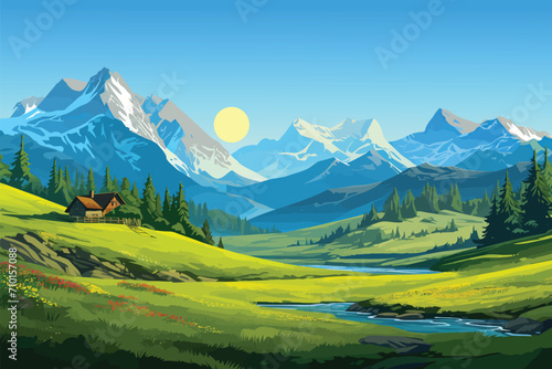 green vector landscape with mountains  river and trees  wallpaper background