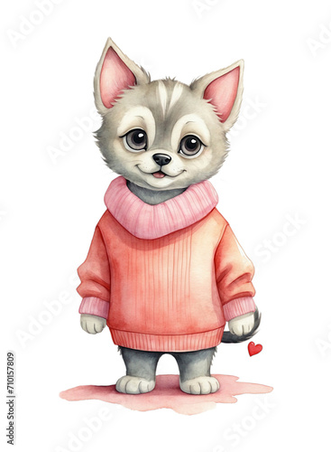 Watercolors Pup Wearing an Orange and Pink Sweater Valentine © Fern Liz