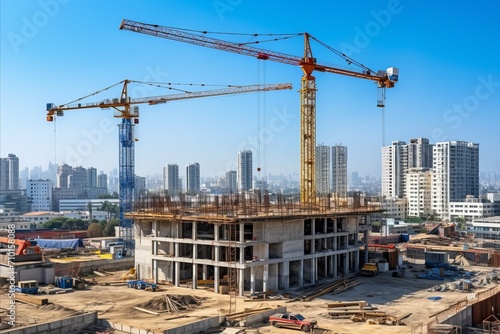 Construction crane building site with unfinished tall building, view from construction area photo