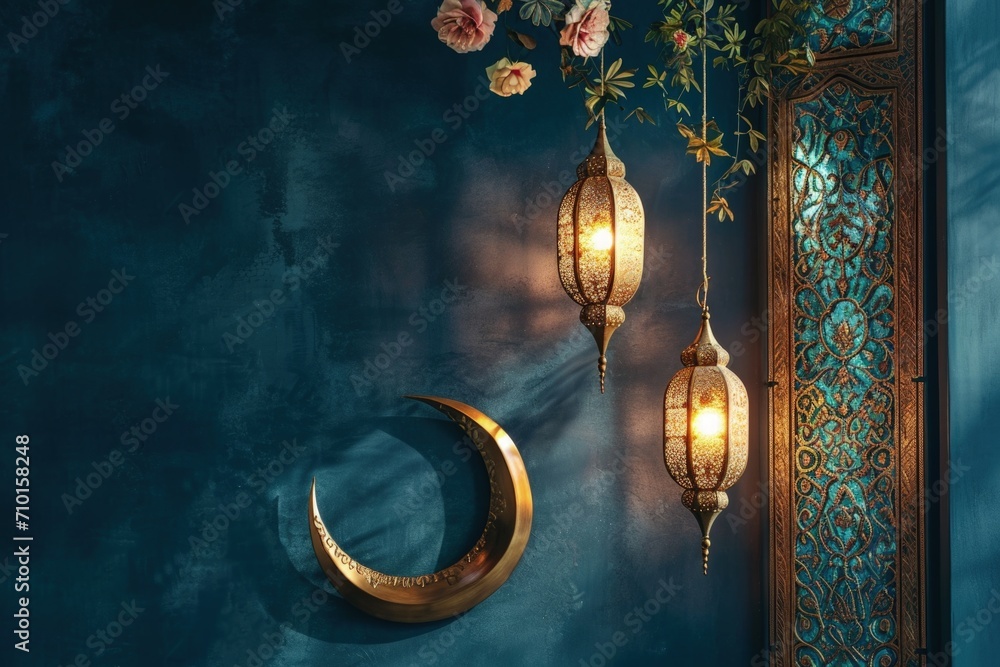 Moroccan lanterns and half moon adorned and detailed, decorative background, ramadan concept. Moroccan lanterns and half moon adorned and detailed, decorative background, ramadan concept.