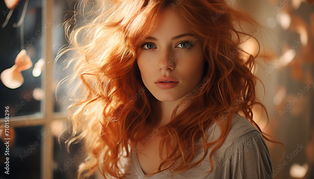 Fototapeta premium Young woman with long brown hair looking at camera generated by AI