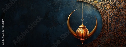 Moroccan lanterns and half moon adorned and detailed, decorative background, ramadan concept. photo
