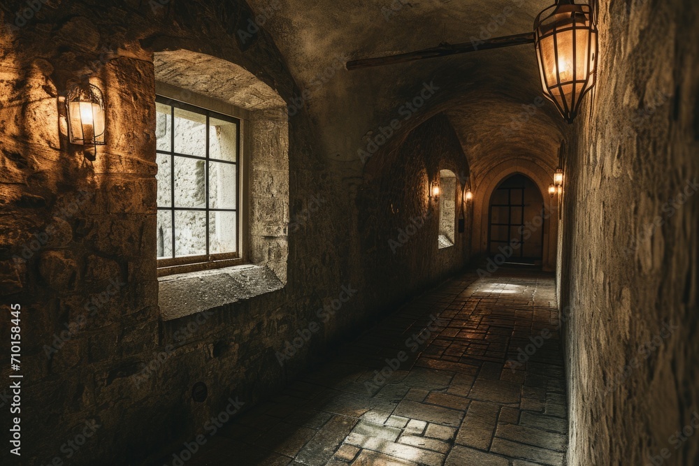 Interior of an ancient medieval castle, edra walls and floor, fantasy concept.