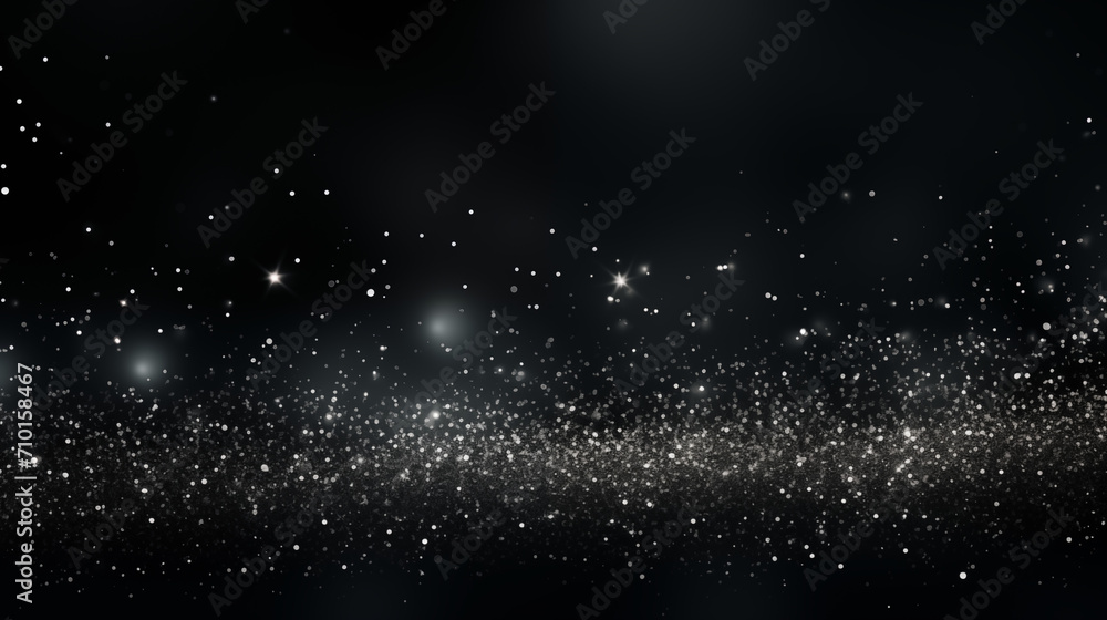 Obraz premium Particules scintillantes et brillantes volant sur fond sombre, noir. Lumière blanche, paillettes argentées et flou. Fond pour bannière, conception et création graphique.
