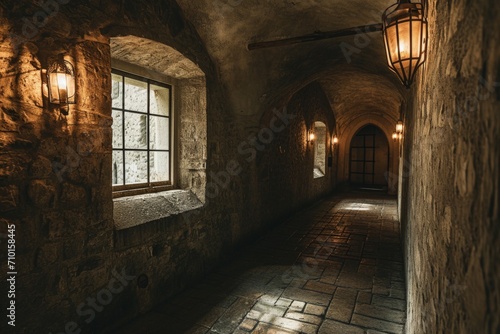Interior of an ancient medieval castle, edra walls and floor, fantasy concept. photo