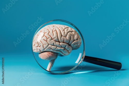 Magnifying glass and human brain on blue background, mental health care concept.