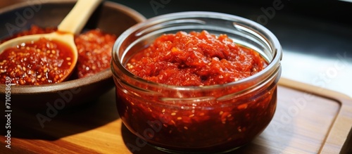 Korean spicy-sweet condiment made from fermented red chili paste.